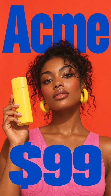 cosmetic bottle beauty close-up product photo: A woman with curly hair, yellow hoop earrings and a pink top holds a yellow cosmetic bottle against a vivid oran…