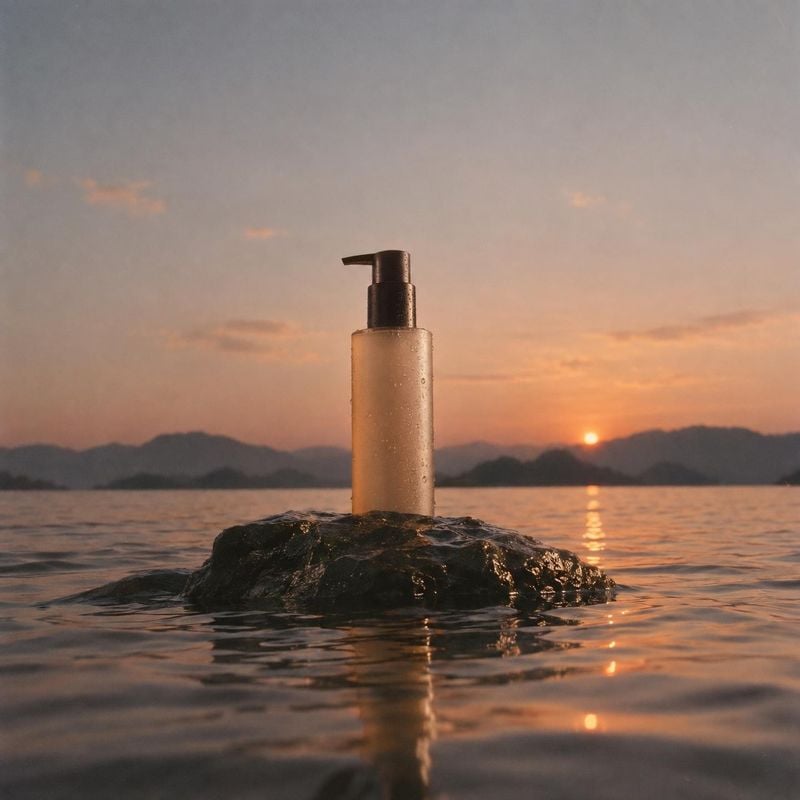 pump bottle lifestyle scene product photo: A minimal pump bottle rests on a dark rock in calm water, silhouetted against a warm sunset and distant hills for a…