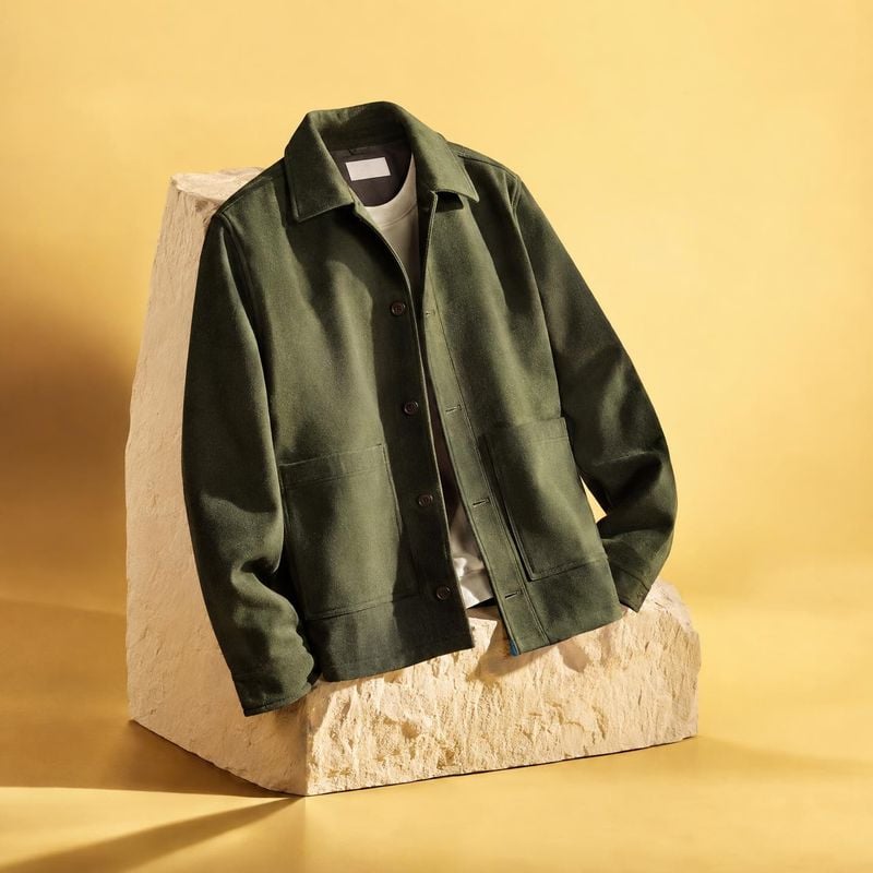 olive green jacket ghost mannequin product photo: An olive green jacket is styled over a light shirt on a sculptural stone block against a warm yellow studio b…