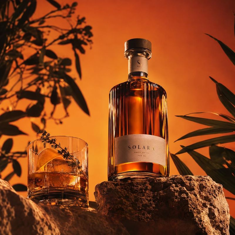 amber spirits bottle food and drink product photo: An amber spirits bottle and glass sit among rugged rocks and silhouetted foliage against a glowing orange ba…
