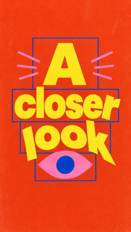 posters product photo: Bold yellow lettering reading “A closer look” overlaps blue geometric outlines and a pink eye motif against a textured red-orange backgr…