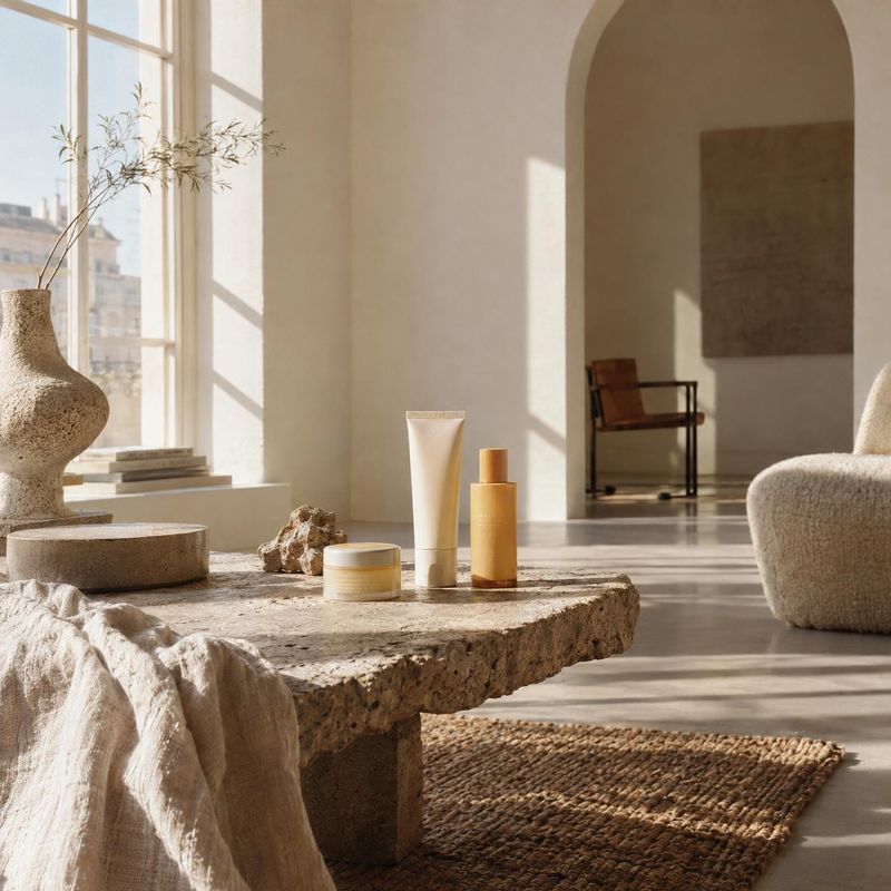 skincare products lifestyle scene product photo: A small skincare set sits on a textured stone table in a serene, sunlit minimalist interior, styled with neutr…