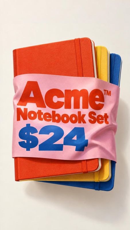 notebook set stationery product photo: A stack of red, yellow, and blue notebooks is wrapped in a pink band with bold red and blue lettering, photographed agai…