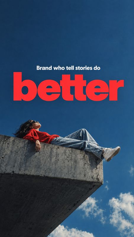 exterior / architecture product photo: A woman in a red top and loose jeans reclines on a concrete ledge against a vivid blue sky, paired with oversized red ty…