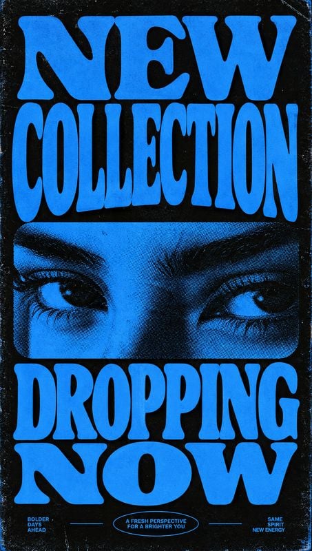 posters product photo: A bold black-and-electric-blue promotional graphic pairs oversized retro lettering with a halftone close-up of a person’s eyes for an en…