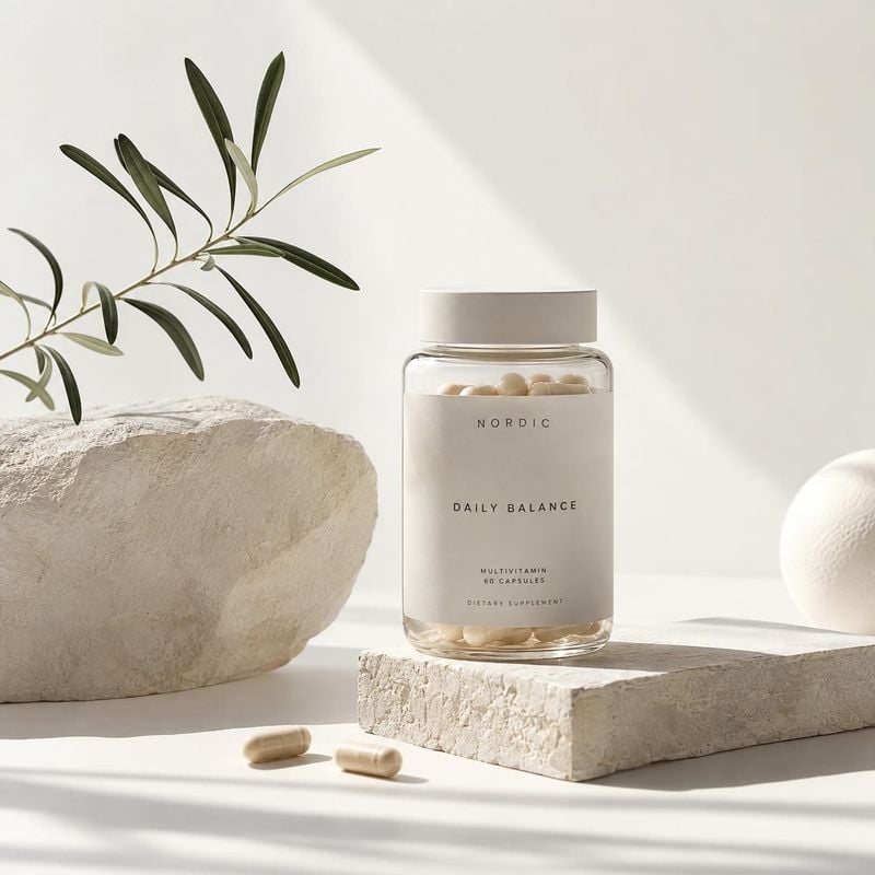 multivitamin supplement bottle personal care product photo: A minimalist supplement bottle rests on pale stone blocks beside an olive branch and loose capsules…