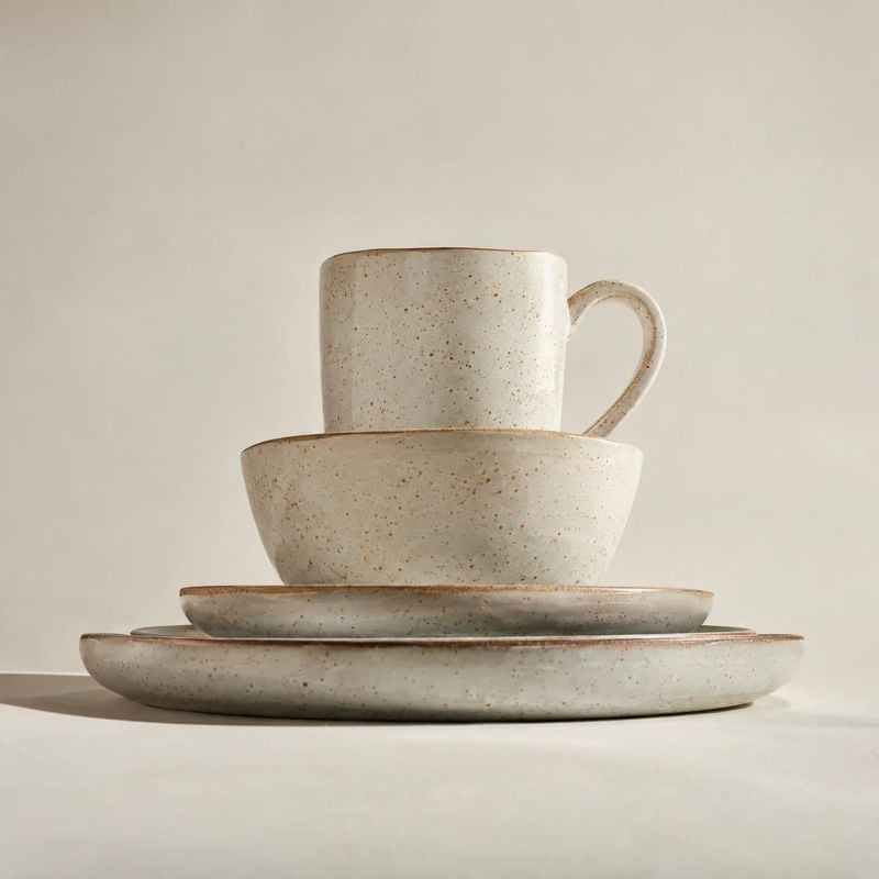ceramic dinnerware set home product photo: A speckled cream ceramic cup, bowl and plates are stacked neatly against a warm neutral studio backdrop, lit softly…