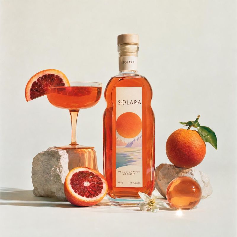 blood orange aperitif food and drink product photo: A bottle of blood orange aperitif is staged with a citrus cocktail, sliced and whole oranges, and pale ston…