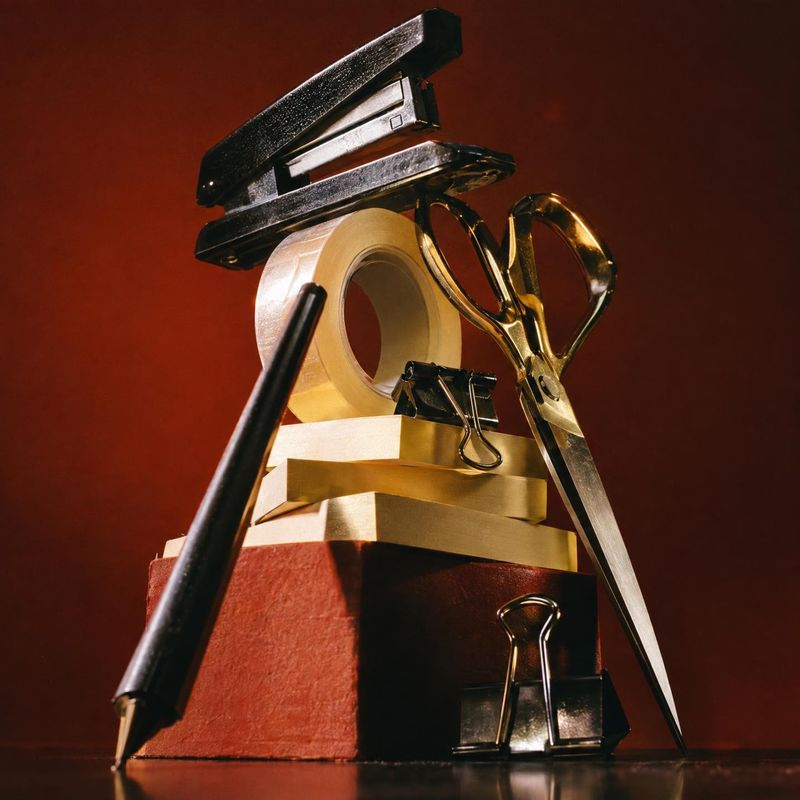 stationery and office supplies stationery product photo: A sculptural arrangement of stationery, including scissors, tape, a stapler, clips, and a pencil, is d…