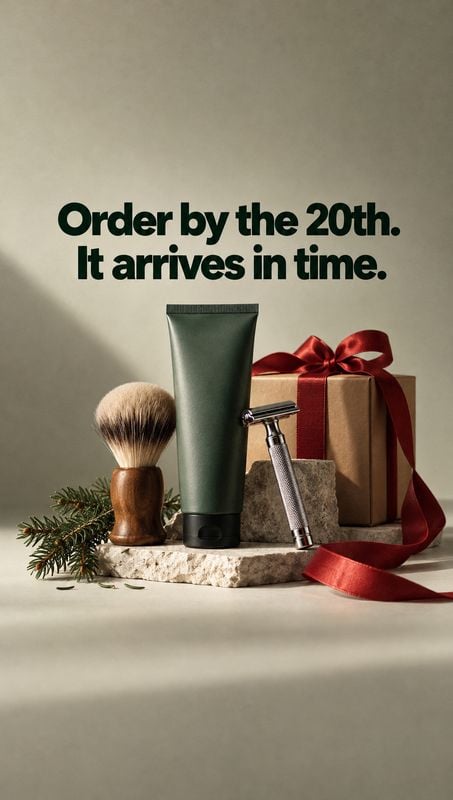 men’s shaving and grooming set christmas product photo: A shaving tube, brush and razor are styled with a ribboned gift box and evergreen sprig against a warm…