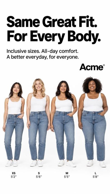 jeans group lineup product photo: Four women in white tank tops and blue jeans stand side by side against a bright white studio background beneath bold inclusi…