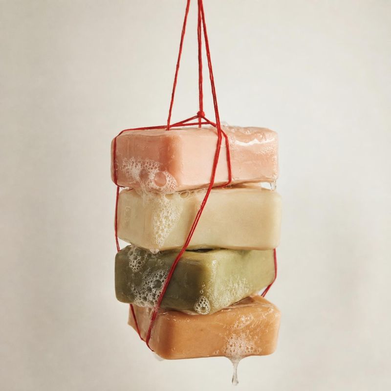 stack of bar soaps personal care product photo: Four softly colored, sudsy bars of soap hang stacked on red string against a pale seamless background, with gen…