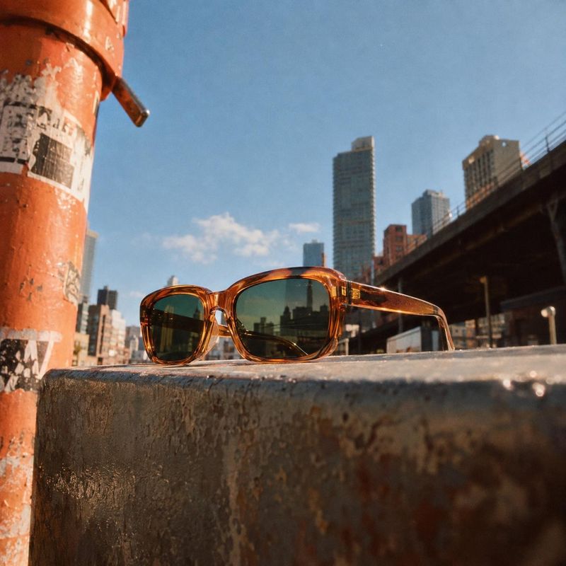sunglasses lifestyle scene product photo: Amber-tortoiseshell sunglasses rest on a weathered ledge against a sunlit city skyline, with warm highlights and an e…