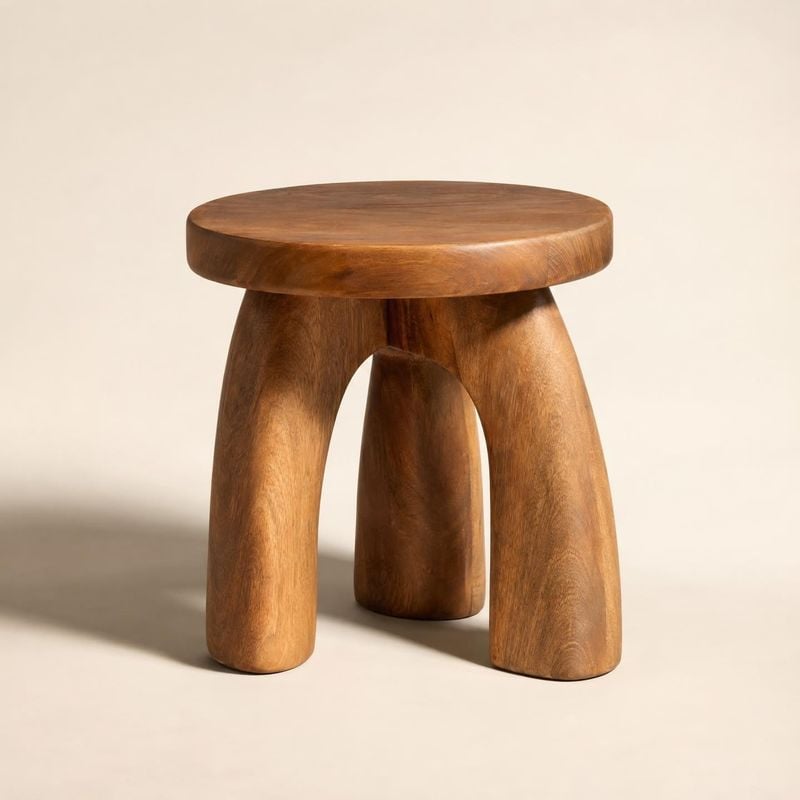 wooden stool home product photo: A sculptural brown wooden stool is photographed alone against a warm cream studio backdrop, with soft directional light and ge…