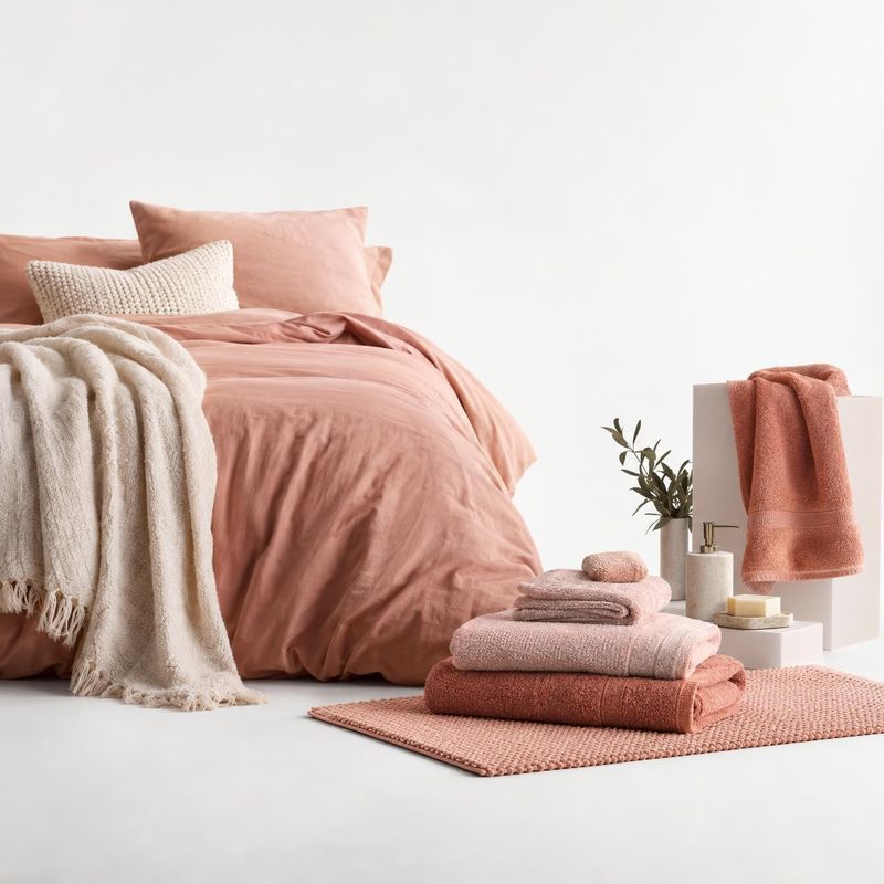 bedding and towel set room set product photo: A coordinated blush bedding and towel collection is styled beside a bed with folded textiles, a small plant and b…