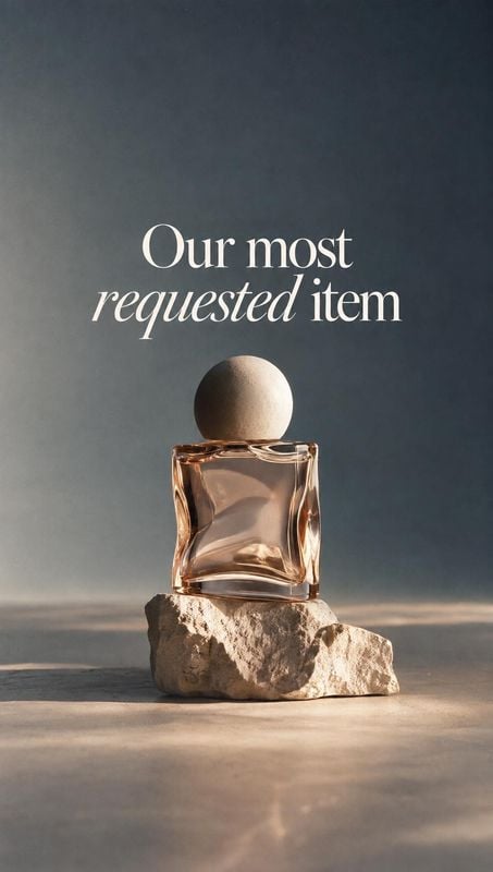 perfume bottle still life product photo: A sculptural perfume bottle rests on a rough stone against a dark, softly lit studio backdrop, with elegant headline t…