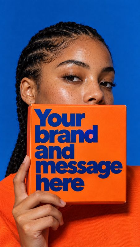 orange box product in hand product photo: A woman in a bright orange top holds an orange box with bold blue placeholder lettering against a vivid blue studio b…
