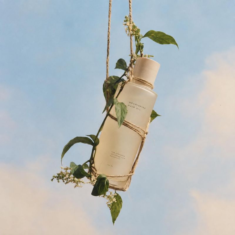 hair oil floating product product photo: A cream-colored hair oil bottle wrapped in twine and trailing leafy vines hangs against a pale blue sky, creating a so…