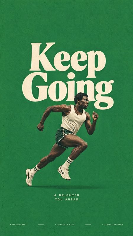 action & motion product photo: A male runner sprints across a textured green backdrop beneath oversized cream “Keep Going” lettering, with small motivational c…