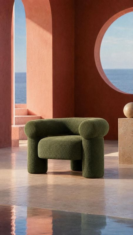 upholstered armchair room set product photo: A sculptural moss-green upholstered armchair sits in a sunlit terracotta room with arched windows overlooking the…
