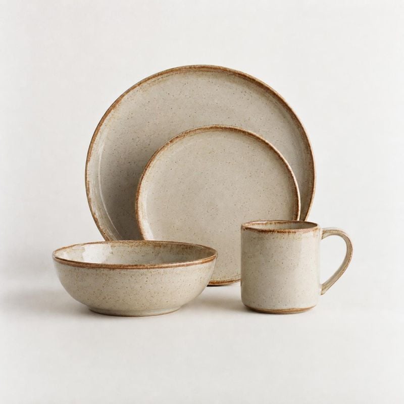 ceramic dinnerware set home product photo: A coordinated set of speckled cream ceramic plates, bowl, and mug is arranged against a softly lit white studio back…