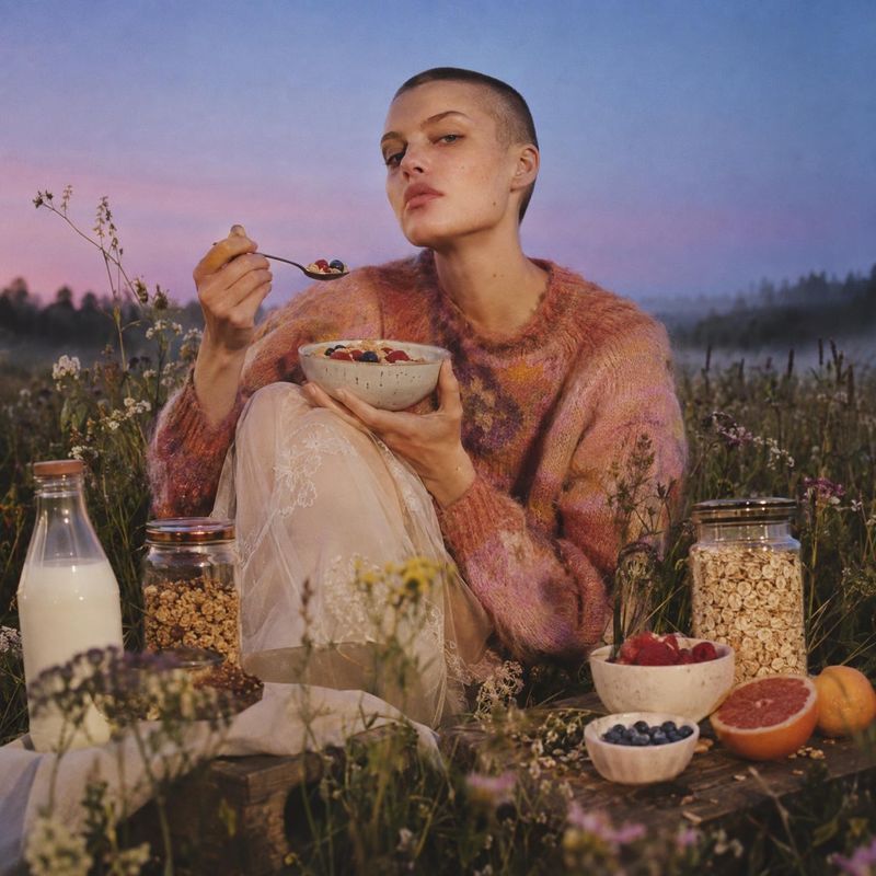 granola and breakfast foods lifestyle scene product photo: A short-haired model in a fuzzy pink sweater eats a bowl of berry-topped cereal among jars of oats,…