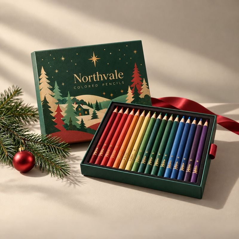 boxed colored pencil set christmas product photo: A green box of rainbow-colored pencils is arranged with its lid and red ribbon beside evergreen branches and…
