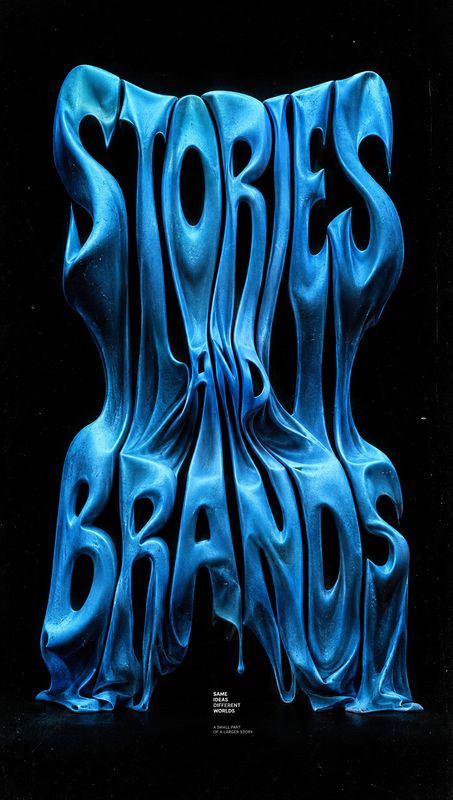 posters product photo: Sculptural, glossy blue lettering spelling “SORE BRANDS” stretches against a black background, with tiny white text below in a dramatic,…