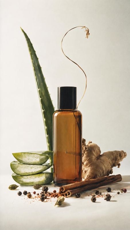 amber bottle of botanical oil ingredients product photo: An unlabeled amber bottle is styled with aloe, ginger, cinnamon and scattered spices against a warm of…