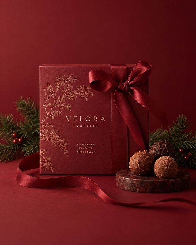 chocolate truffle gift box christmas product photo: A burgundy gift box of chocolate truffles tied with a satin ribbon sits among evergreen sprigs and berries…