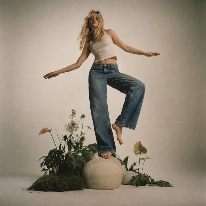 wide-leg jeans action & motion product photo: A blonde model balances barefoot on a stone sphere in wide-leg jeans and a white tank, surrounded by leafy plants…