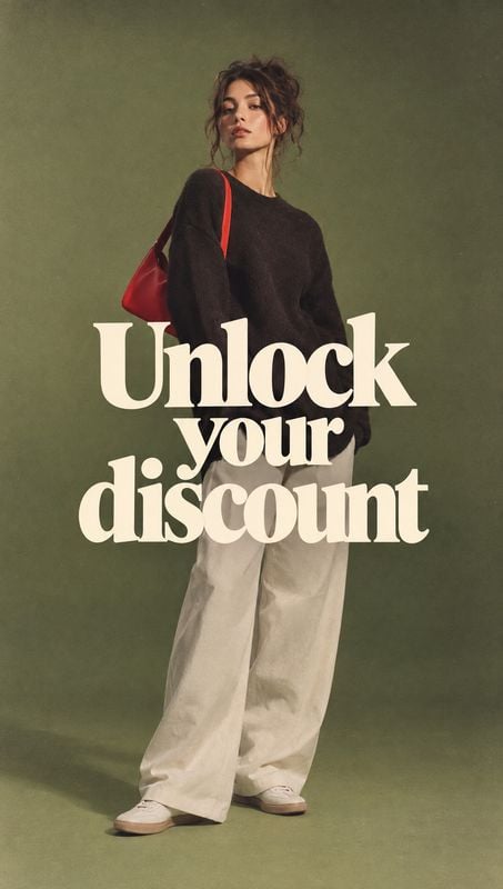 fashion outfit black friday product photo: A model poses in a dark sweater, light trousers, and a red shoulder bag against a muted olive studio backdrop, with…