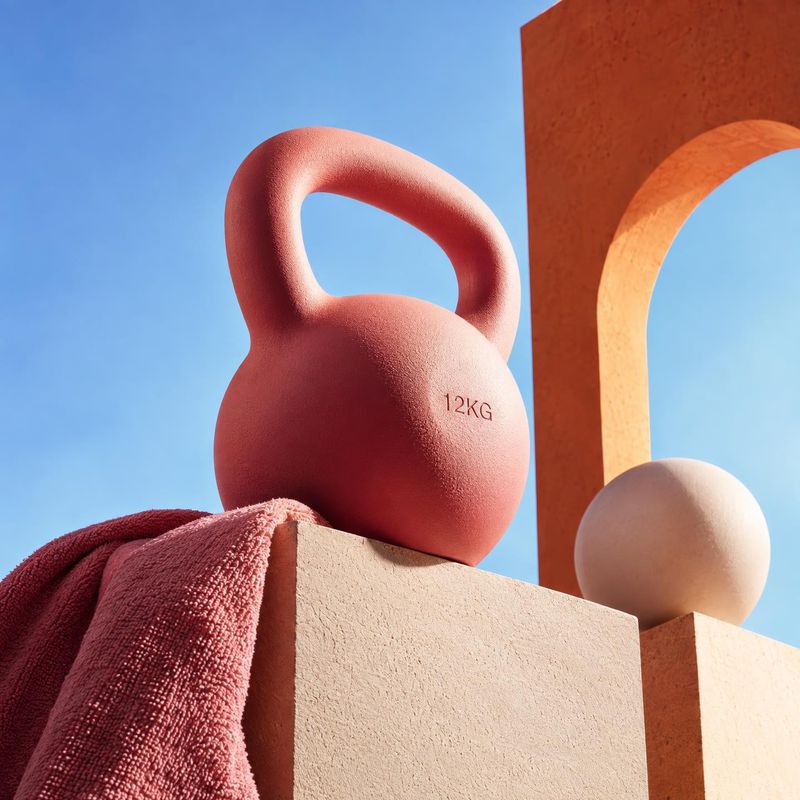 kettlebell sports product photo: A coral 12 kg kettlebell and soft pink towel are arranged on sculptural terracotta-toned blocks against a bright blue sky, cre…