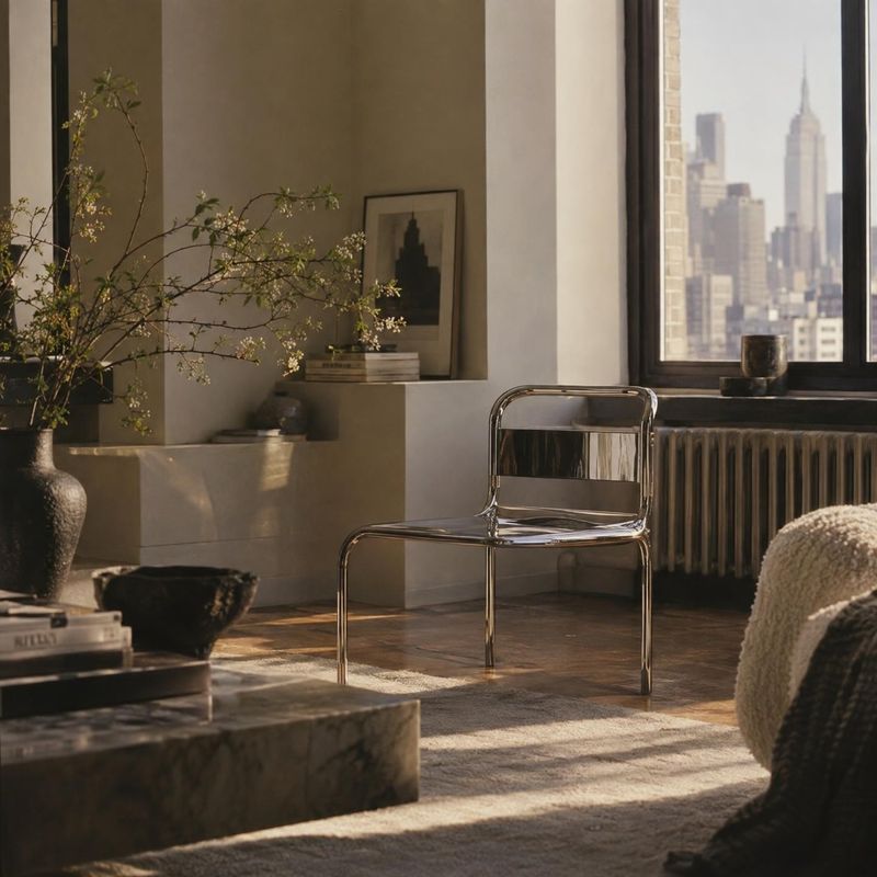 modern metal-frame chair room set product photo: A polished metal-frame chair sits in a warmly lit, thoughtfully styled apartment, surrounded by natural textur…
