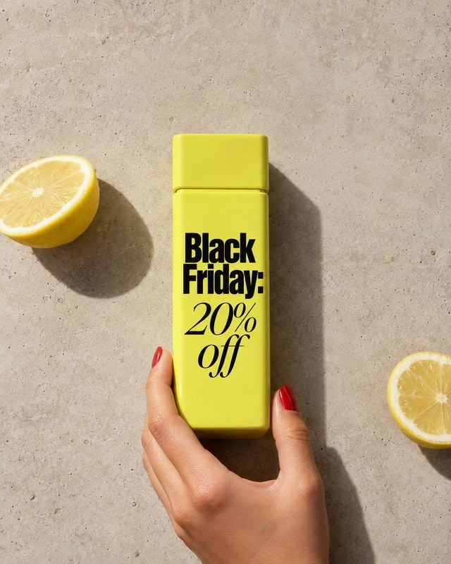 yellow cosmetic bottle ingredients product photo: A hand with red nails presents a bright yellow cosmetic bottle between lemon halves on a sunlit stone surface…
