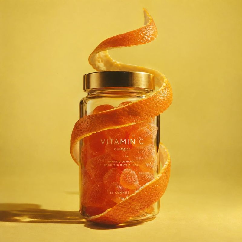 Vitamin C gummies ingredients product photo: A clear jar of orange vitamin C gummies wrapped in a curling strip of orange peel stands against a sunlit yellow b…