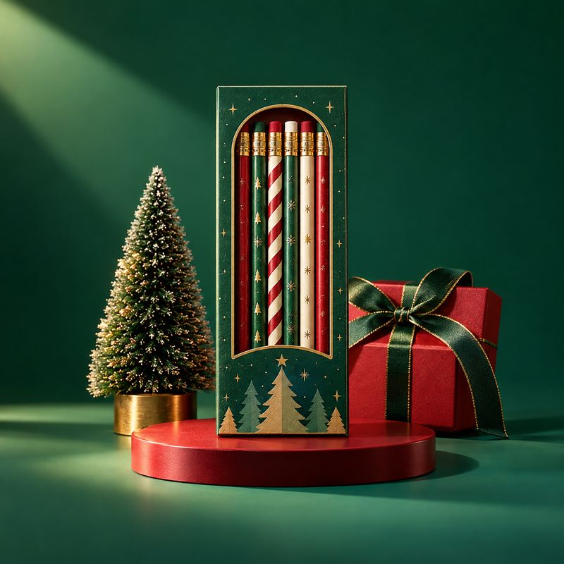 holiday lipstick set christmas product photo: A festive boxed set of slim lipsticks stands on a red plinth beside a miniature Christmas tree and a ribbon-wrapp…