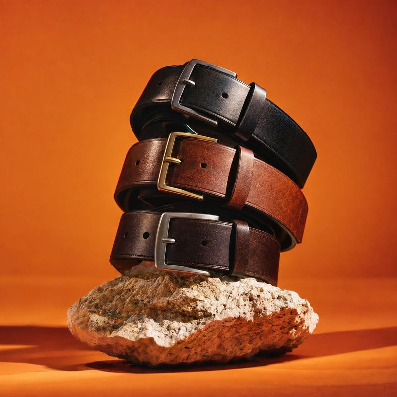 leather belts fashion product photo: Three leather belts in black and brown are stacked on a rough stone against a vivid orange studio backdrop, with warm dire…