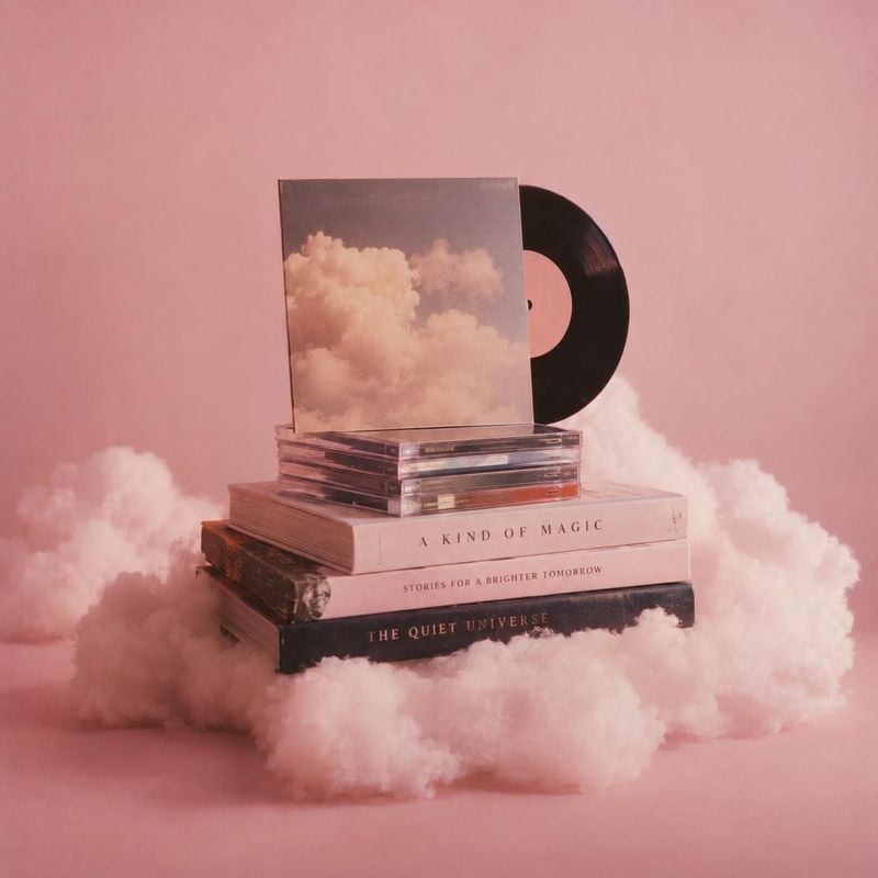 vinyl record and books book product photo: A vinyl record and stacked books sit among fluffy clouds on a pink studio set, with soft diffused lighting and a dre…
