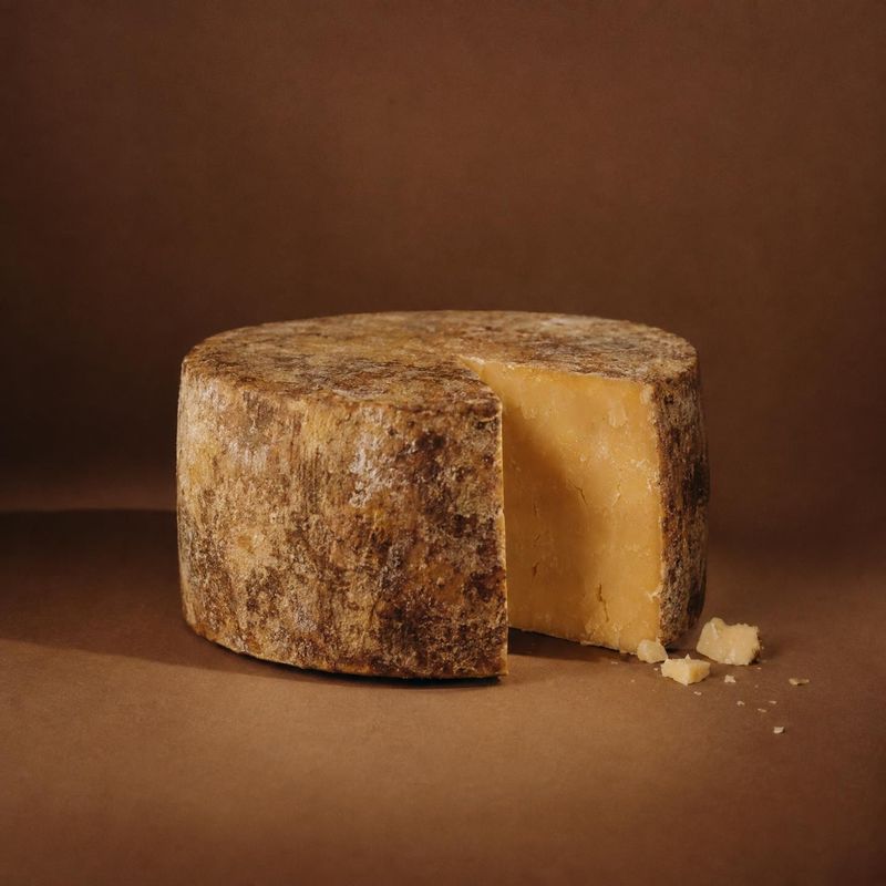 cheese wheel food and drink product photo: A rustic wheel of aged cheese, cut to reveal its golden interior, sits with a few crumbs on a warm brown studio surf…