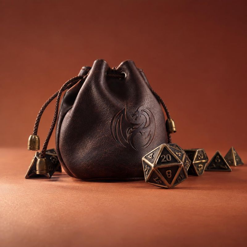 leather dice bag and polyhedral dice toys product photo: A dark embossed leather dice pouch and metallic polyhedral dice are arranged on a warm terracotta stud…