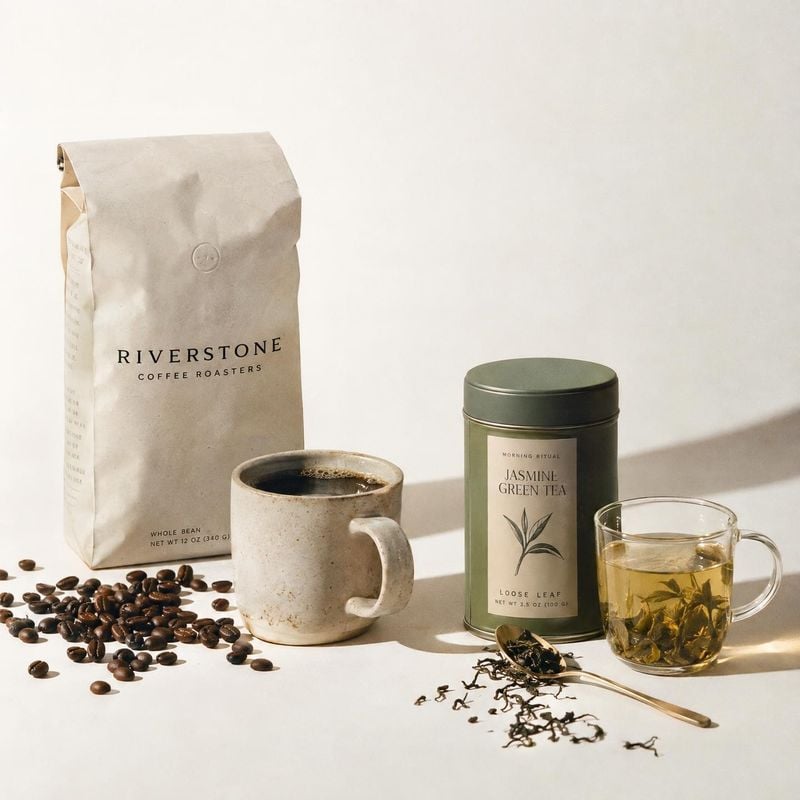 coffee and green tea food and drink product photo: A bag of coffee and a tin of green tea sit with served drinks, loose leaves, and scattered coffee beans on a…
