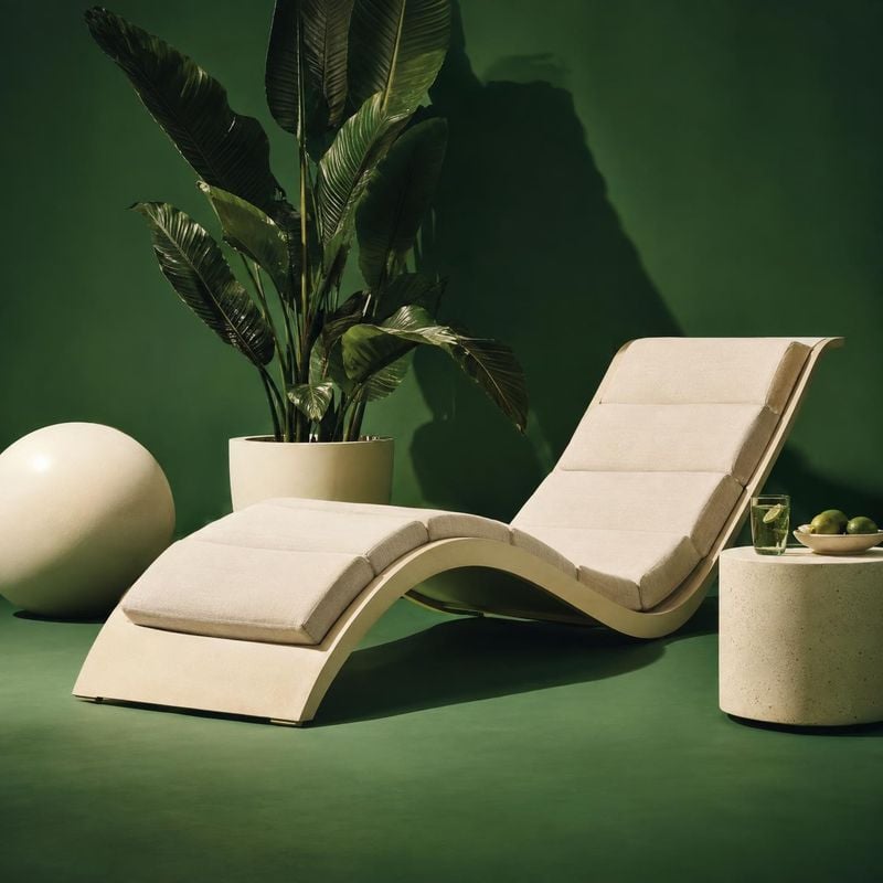 upholstered chaise lounge room set product photo: A sculptural cream chaise lounge sits in a refined green interior beside a potted tropical plant and a small…