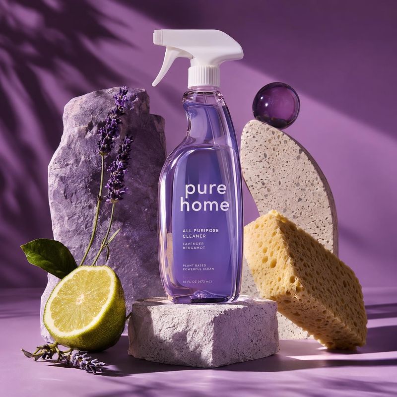 all-purpose cleaner ingredients product photo: A purple spray bottle of all-purpose cleaner stands among lavender, lemon, a sponge, and sculptural stone props,…