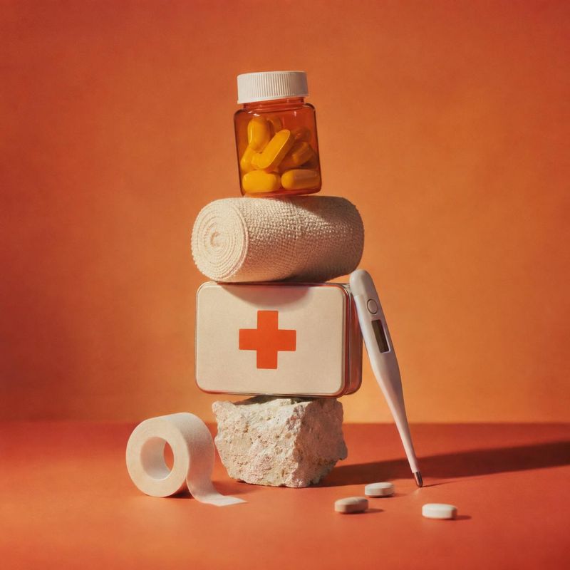 first-aid kit and medical supplies personal care product photo: A first-aid tin, thermometer, bandage, gauze and pills are stacked in a sculptural arrangement…