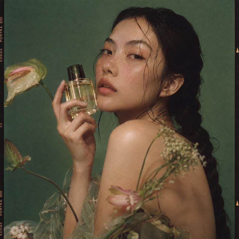 perfume bottle beauty close-up product photo: A woman with loosely braided dark hair holds a clear perfume bottle among delicate flowers against a deep green s…