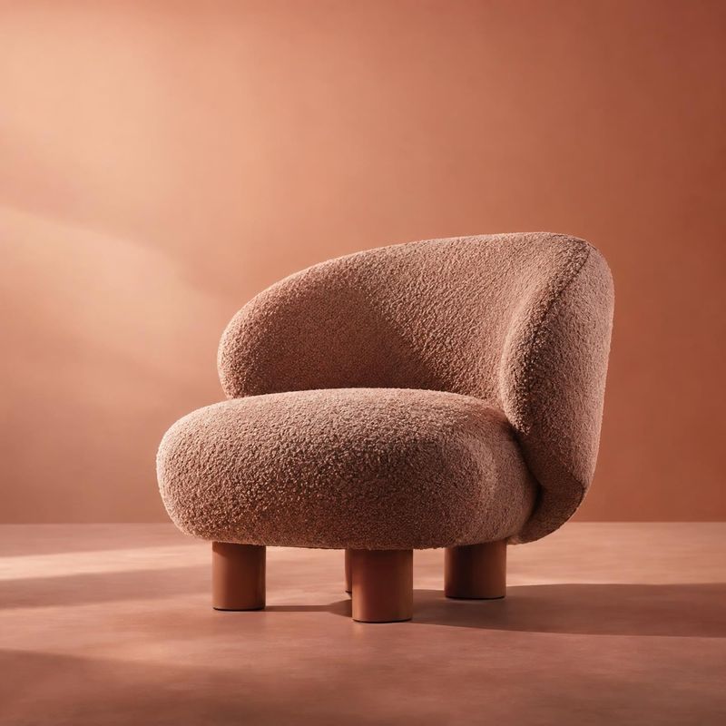 upholstered accent chair home product photo: A sculptural, boucle-upholstered chair with rounded forms and short legs sits alone against a warm terracotta stud…