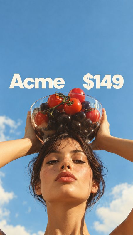 bowl of fresh tomatoes and grapes product in hand product photo: A woman poses against a bright blue sky with a glass bowl of tomatoes and dark grapes balanced…