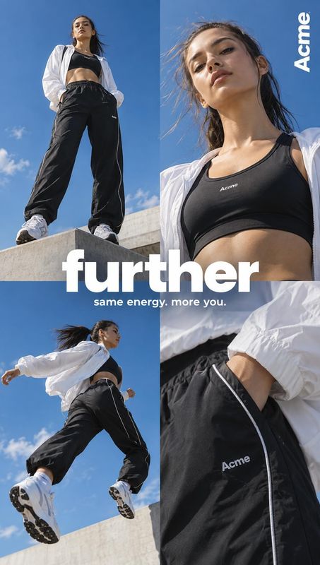 women’s activewear outfit on-body detail product photo: A woman models a black activewear set with a white windbreaker against a blue sky and concrete rooftop,…