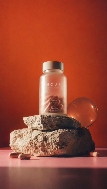dietary supplement bottle personal care product photo: A softly lit supplement bottle stands on stacked rough stones beside a translucent amber sphere and caps…